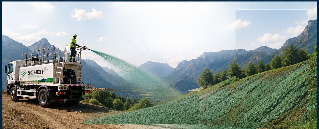 An operator standing on a SCHEIER hydroseeder sprays the green mix onto a mountain slope.