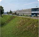Revegetated slope in front of a commercial area