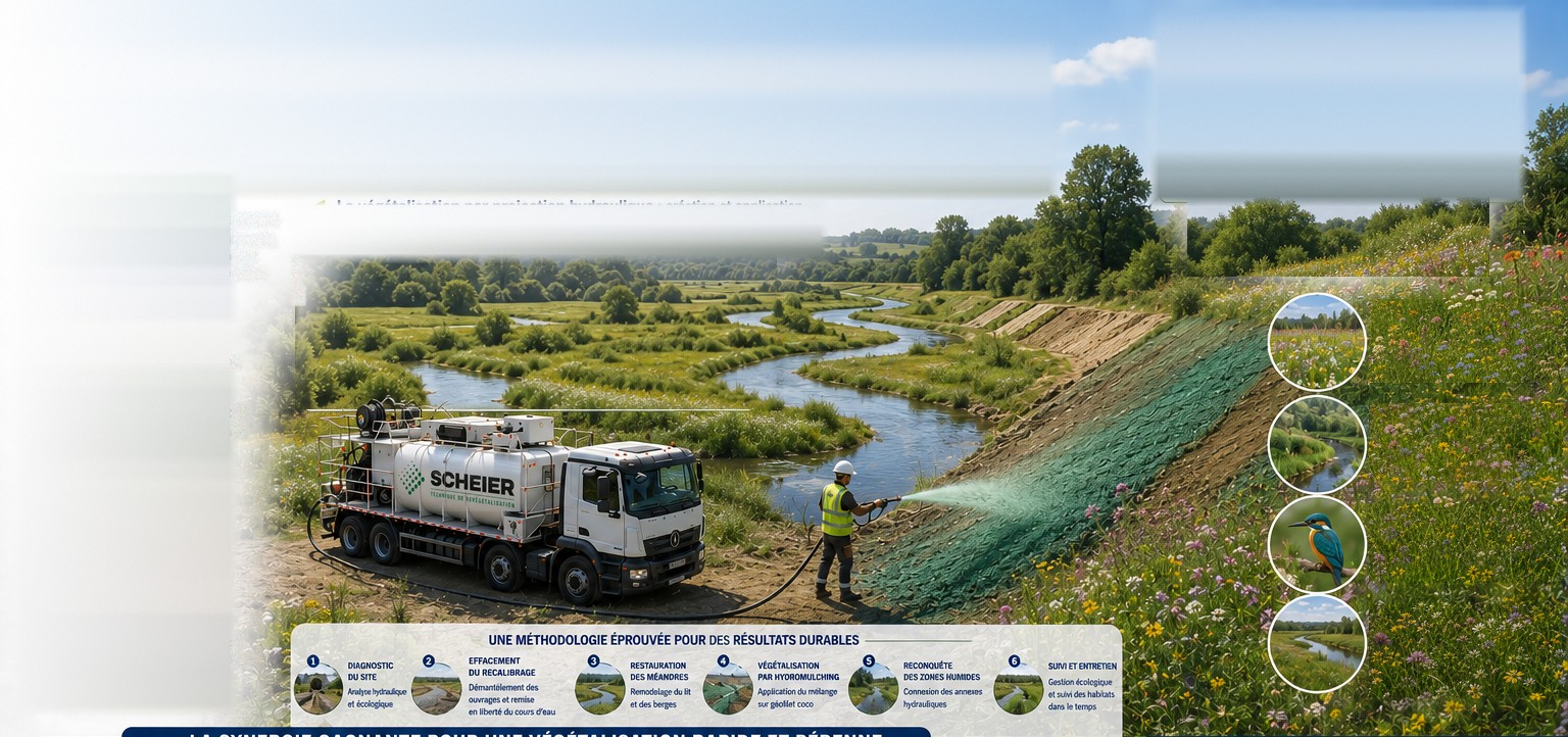 An operator sprays the hydromulching mix onto the bank of a river with restored meanders, from a SCHEIER tanker truck; slope covered with geonet and a flower meadow.