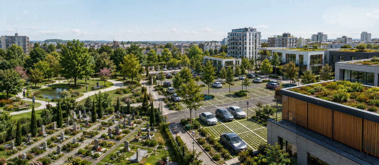 Aerial view of a green neighbourhood: park and pond, landscaped cemetery, grassed car park and buildings with green roofs.