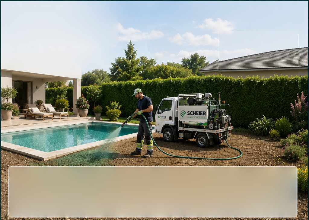 Dans le jardin d’une maison avec piscine, un opérateur SCHEIER projette le mélange d’hydromulching sur la terre nue, le camion de projection derrière lui.