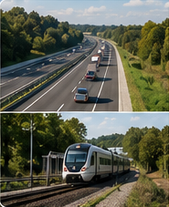 Une autoroute bordée de talus enherbés, et un train sur une voie ferrée longée de végétation.